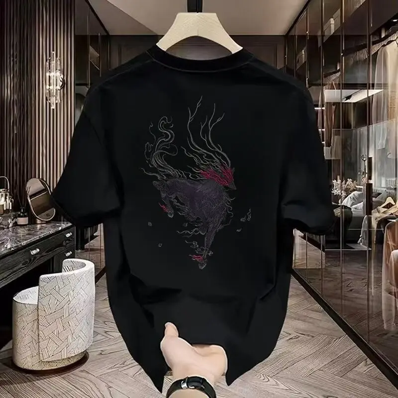 Summer New China-Chic Chinese Style Kirin Print Loose Fashion Cotton Half Social Short Sleeve T-Shirt Men