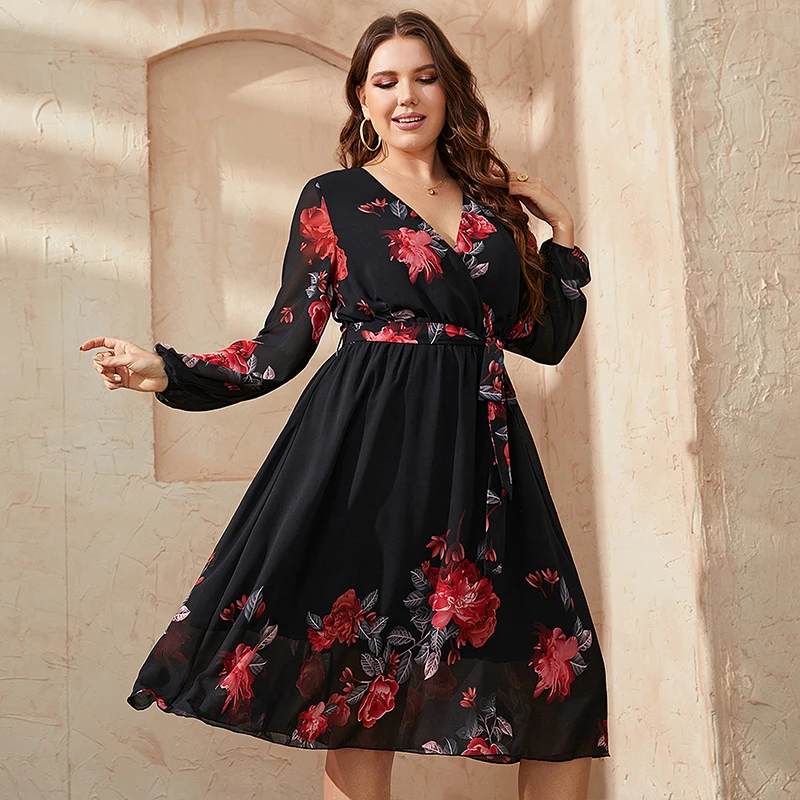 KEBY ZJ Plus Size Floral Print V Neck Midi Belted Dress Women Casual Spring Fall Long Sleeve Elegant Vintage A-Line Dresses 2022