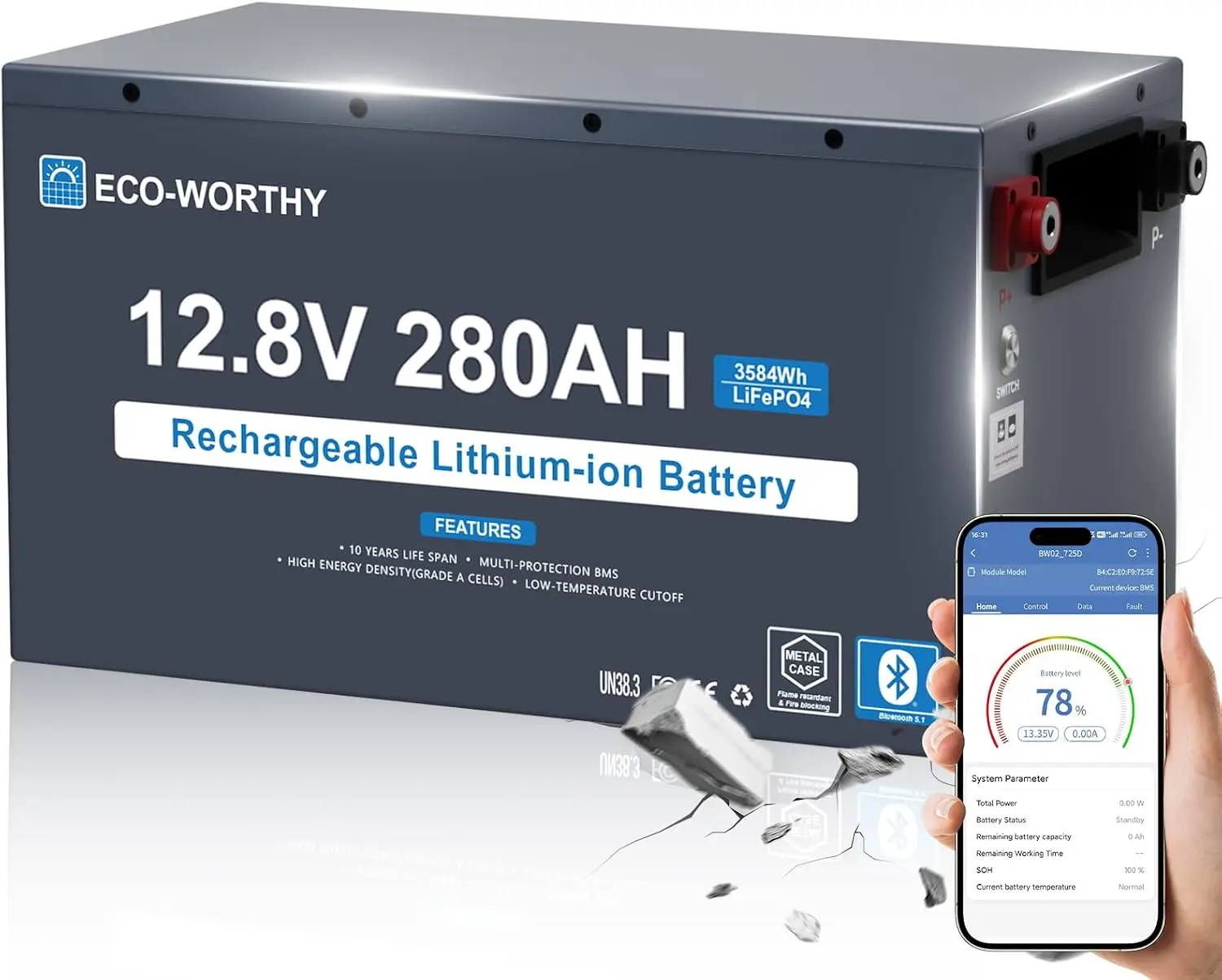 12V 280Ah Metal Shell LiFePO4 Lithium Battery Bluetooth Low Temp Protection Built 200A BMS 3584Wh Max Off Grid Solar RV Camper T