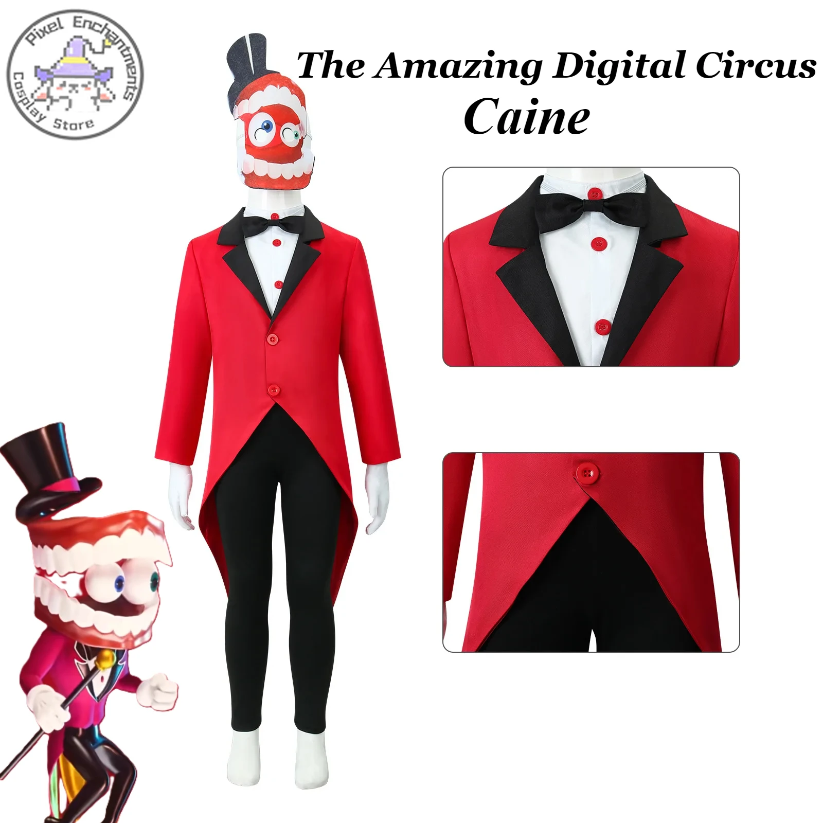 The Amazing Digital Circus  Caine Cosplay Cartoon Costume Red Suit + Mask Halloween Pomni Children Adult Role Play Outfit