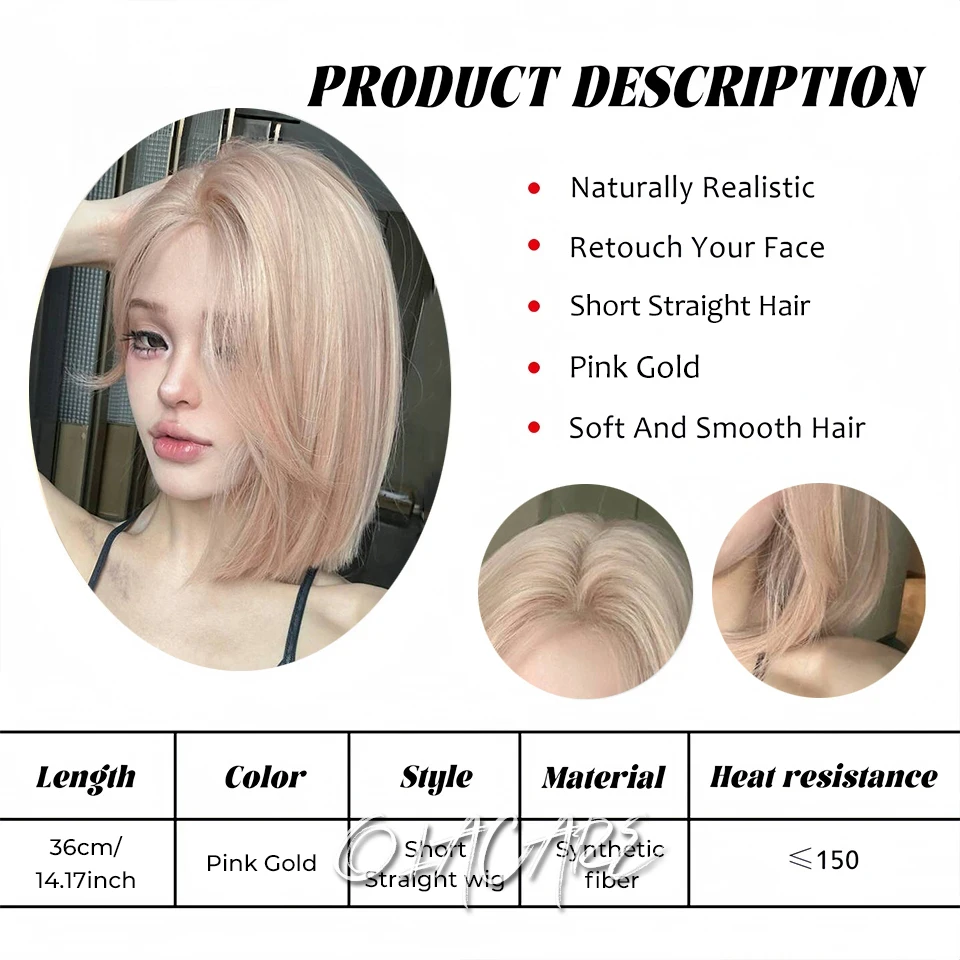 Blonde Pink Ombre Synthetic Wigs Short Straight Bob Wigs for Women Middle Part Lolita Cosplay Natural Hair Heat Resistant Fiber