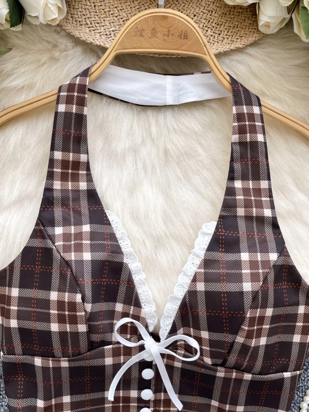 Foamlina Pure Desire Sexy Girl's Halter Plaid Vest Top Women's Summer American Deep V-neck Suspender Waist Cold Short Camis