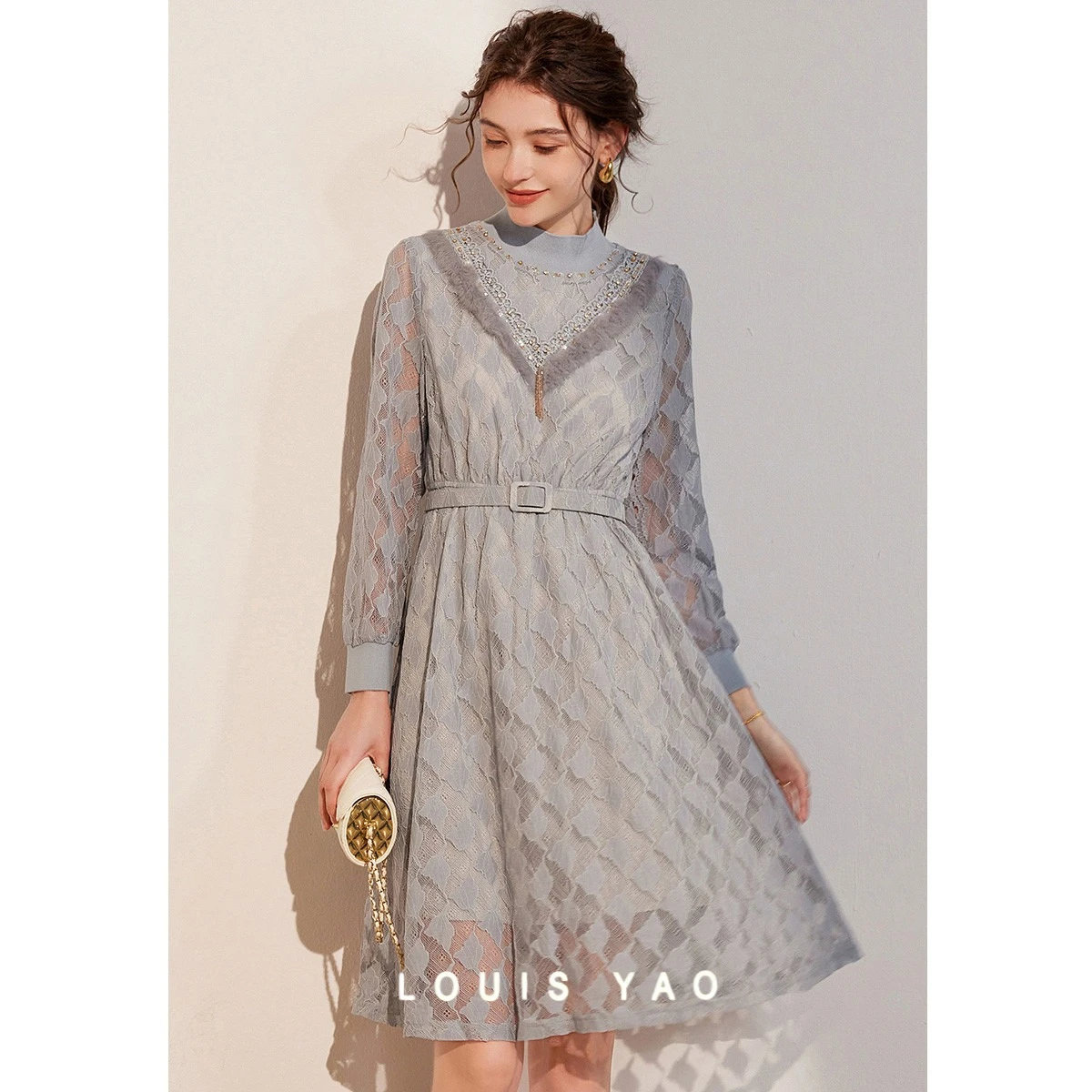 

Elegant Lace Dress Hollow Out Embroidered Flares High Neck Long Women Dress Female Clothing Spring Autumn New 2025