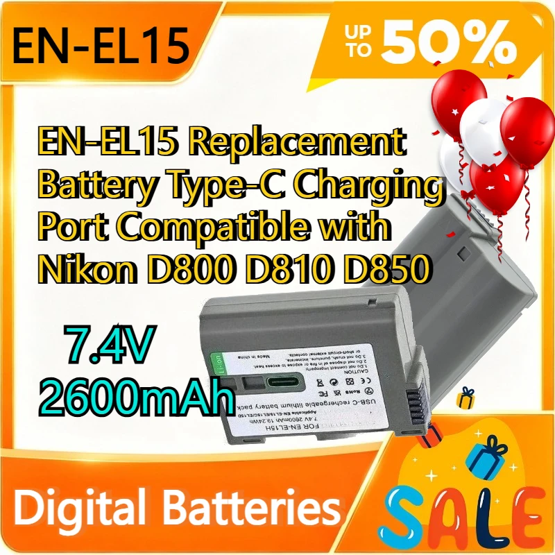 7.4V 2600mAh EN-EL15 Replacement Battery Type-C Charging Port Compatible with Nikon D800 D810 D850