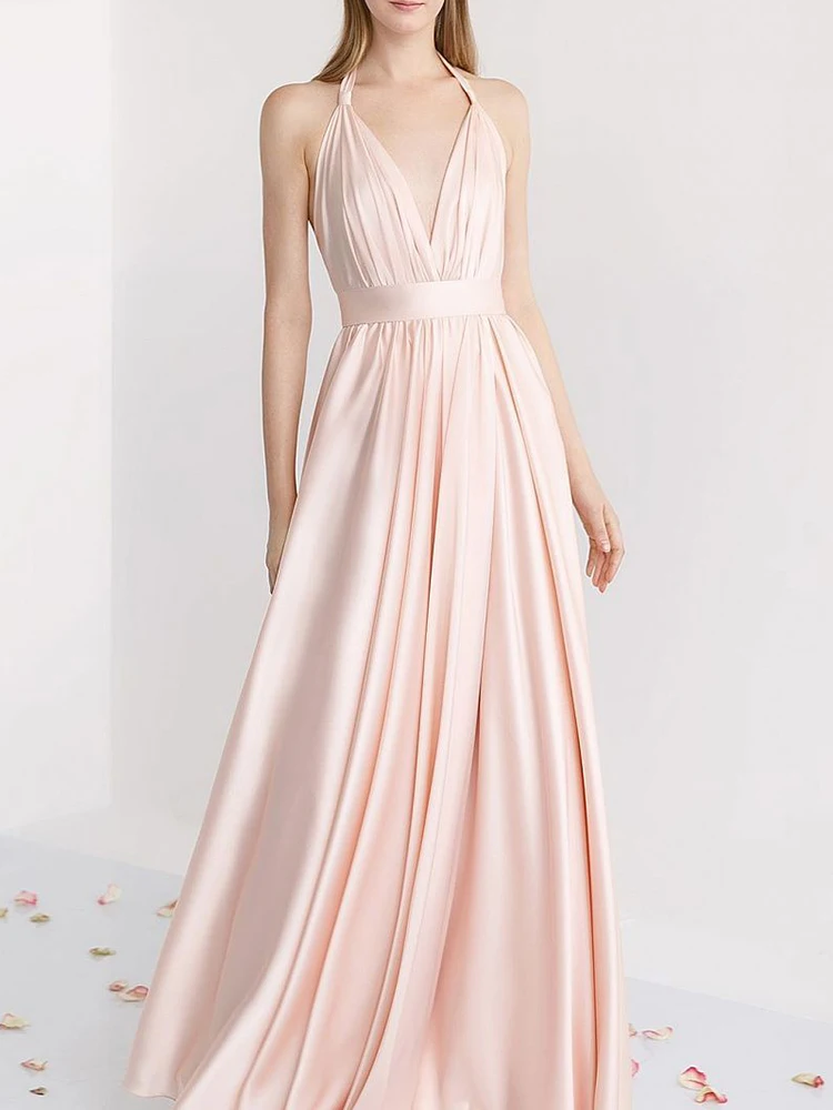 Bridesmaid Dress Pink Chiffon Halter Sleeveless Floor-Length Sweep Train With Belt Open Back Draped Simple Wedding Guest Gowns