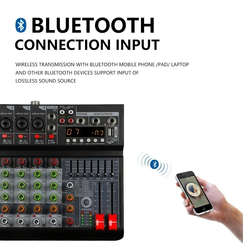 6 ช่องสตูดิโอเครื่องผสมเสียง USB อินพุตสเตอริโอ 2 ช่อง DJ Sound Controller สําหรับเพลงคาราโอเกะคาราโอเกะอินเทอร์เฟซผสมบอร์ด PC