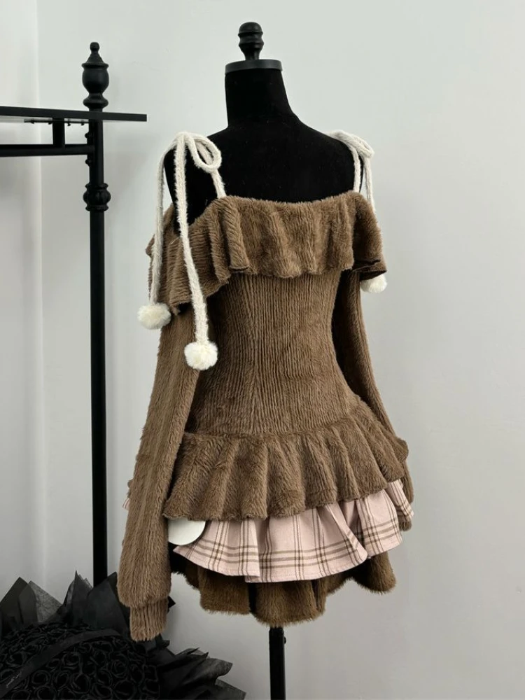 Japanische süße Lolita Frauen Herbst 2-teiliges Set Slash Neck süße Spitze Schleife Tops + karierten Kuchen Rock weibliche koreanische Kawaii Party Anzug