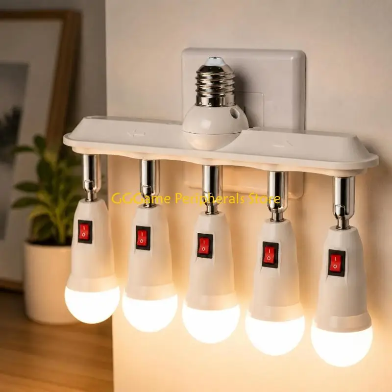 U55B Utility Room Light Socket Adapter E26 E27, Five-Branch Straight Row Lamp Converter for Broader Indoor Lighting From Socket