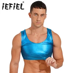 Mens Glossy Crop Tops Shiny Metallic Scoop Neck Tanks Sleeveless Vest Tank Top for Party Clubwear Pole Dancing Stage Costumes