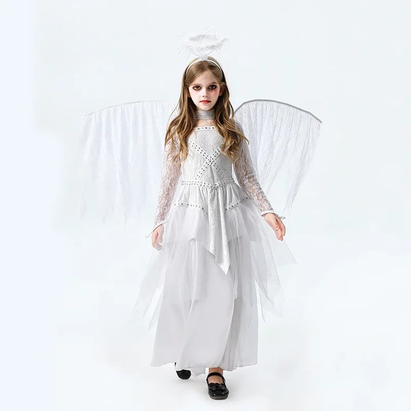 

Роскошный детский костюм на Хэллоуин, белый ангел, демон, девушка, детская одежда для подиума, платье для выступления на сцене