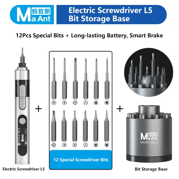 MaAnt L5 Elektrische schroevendraaier met instelbaar koppel, sterke magnetische bits, Type-C opladen voor telefoon, tablet, laptop en elektronica reparatie
