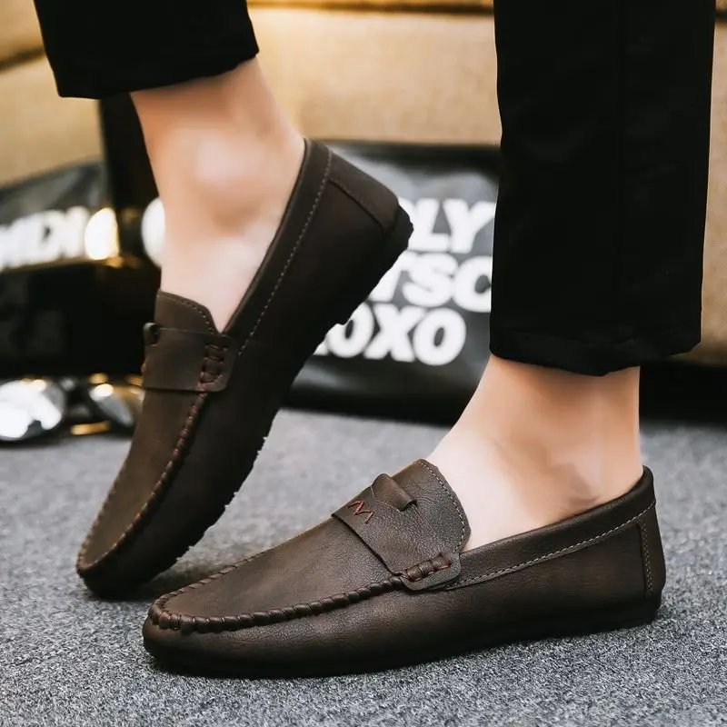 Loafers Flat Man Casual Shoe Black Leather Shoes for Men Soft Moccasin Round Toe Common Size 45 Low Price New in Cowhide Elegant