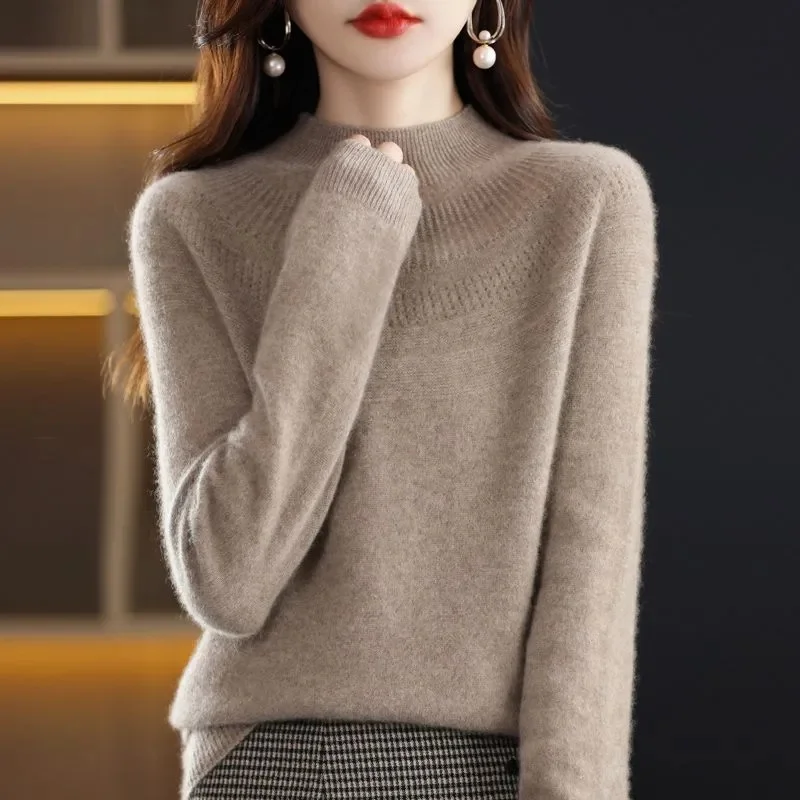 2024 Wool Cashmere Sweater Women's High Stacked Collar Pullover Long Sleeve Winter Knitted Sweater Warm High Quality Jumper