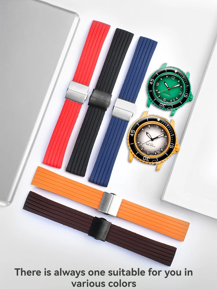 Soft Rubber Silicone Wristband For Swatch X Blancpain Fifty Fathoms Five Oceans Double-press butterfly button Watch Strap 22MM