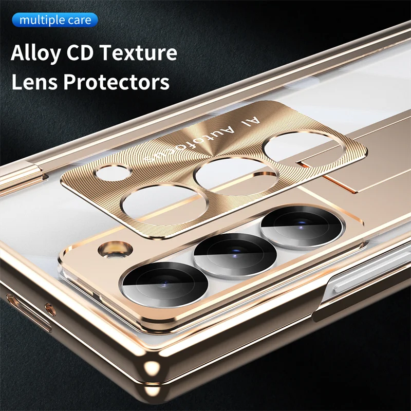For Samsung Galaxy Z Fold 3 4 5 Case Electroplated Hinge Transparent 360 Full Protective Film Bracket Cover For Galaxy Z Fold6