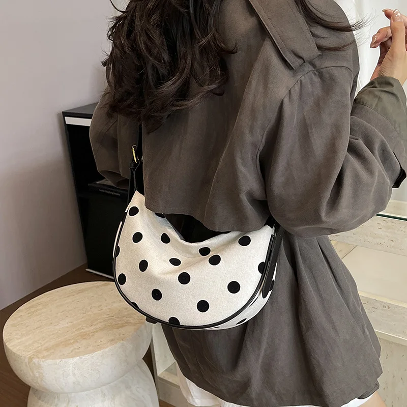 Women Polka Dot Hobo Bag Female Crossbody Shoulder Handbag Ladies Retro Black Trim Purse Casual Daily Travel Slouchy Tote