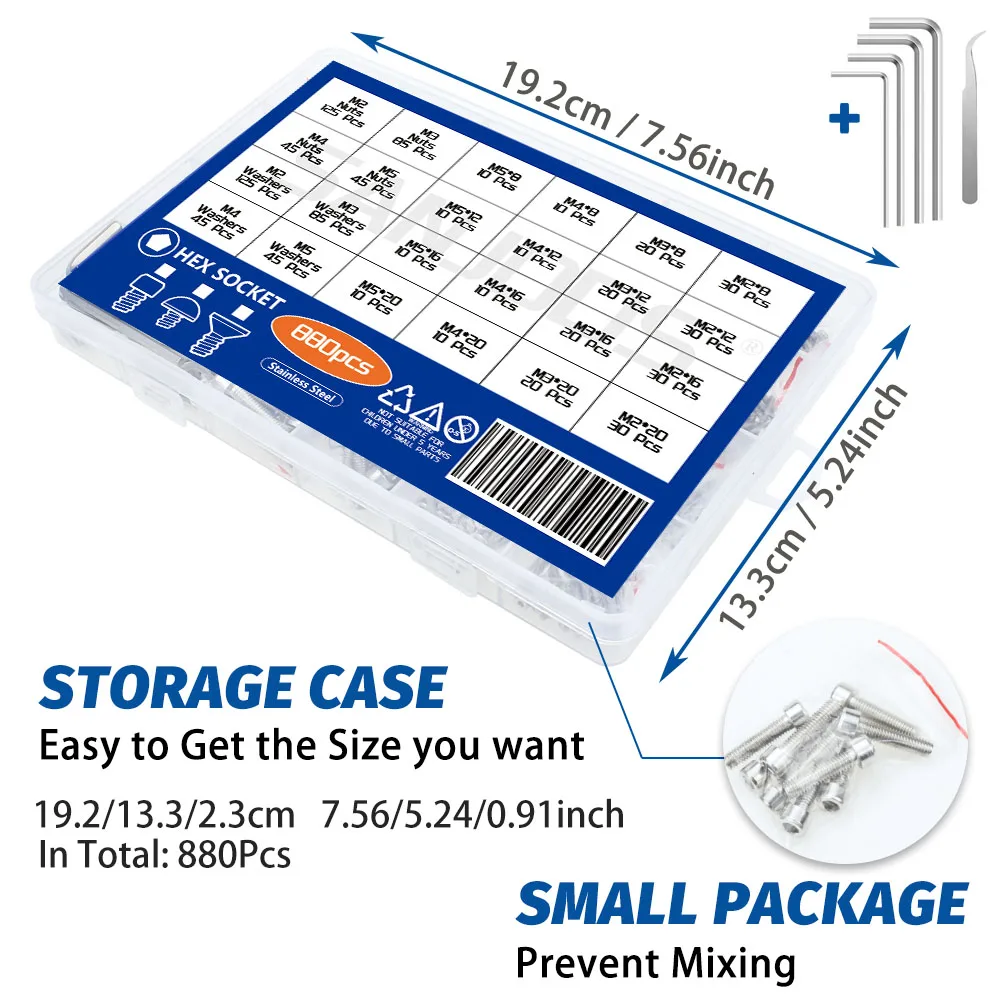 880-Piece Nuts and Bolts Assortment Kit M2 M3 M4 M5 Hex Head Stainless Steel Bolts Nuts Flat Washers and More - With Case!