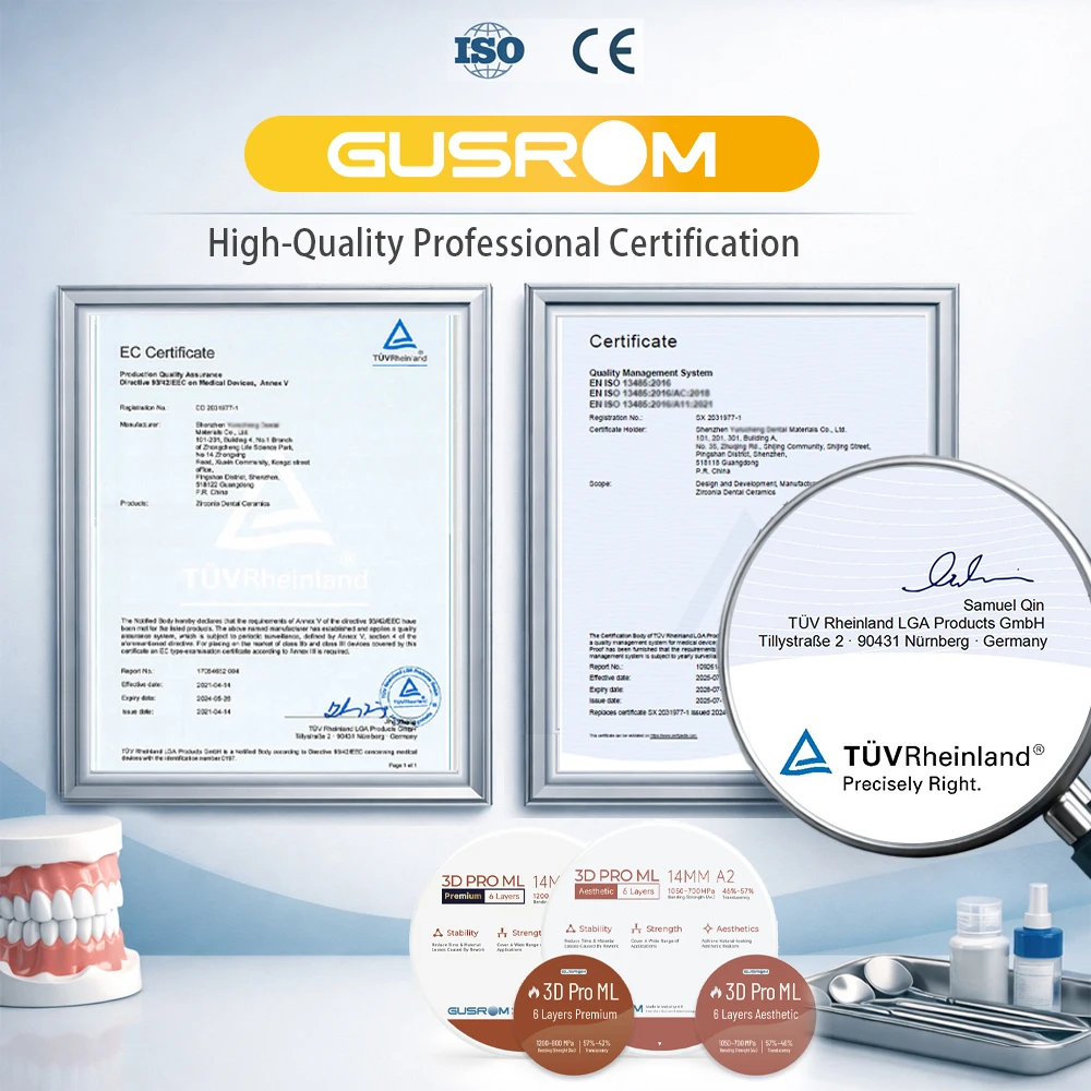 GUSROM 4D-XML 100% TOSOH Multilayer Zirconia Block 98mm 8 Layers 1300MPa High Strength CAD CAM Dental Disc for Crown Bridge A2A3