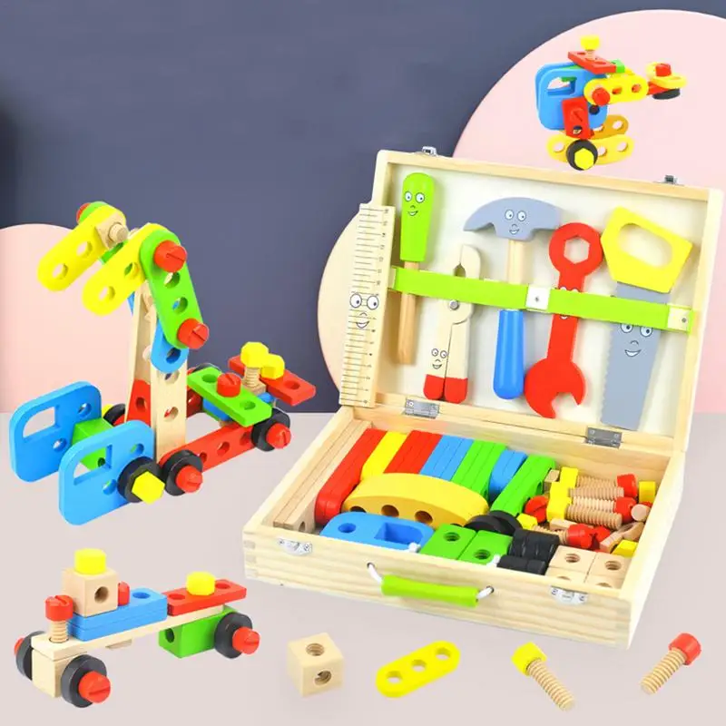 Toy Tool Set 69pcs Cartoon Tools Workbench Set Educational Kids Tool Kit Construction Toys Portable Wood Tool Box For Boys Girls