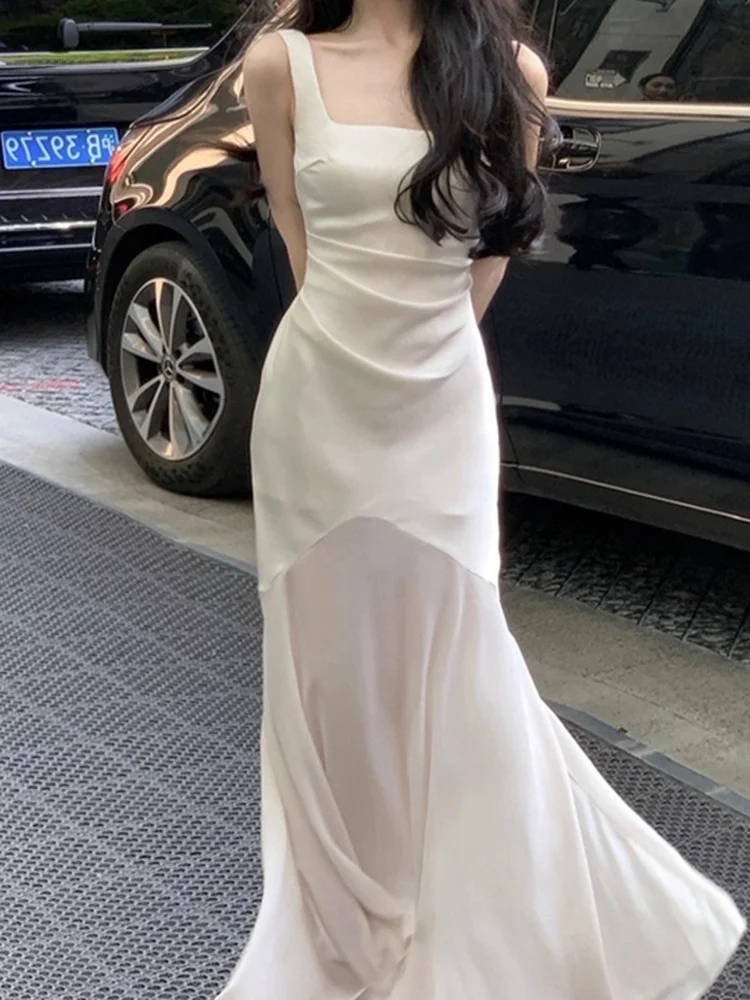 Ele الأبيض الساتان U-Ne Strapl Dr Summer VaionFeelings Fi Tail تنورة طويلة المرأة كوتور عالية الخصر ألف خط Dr