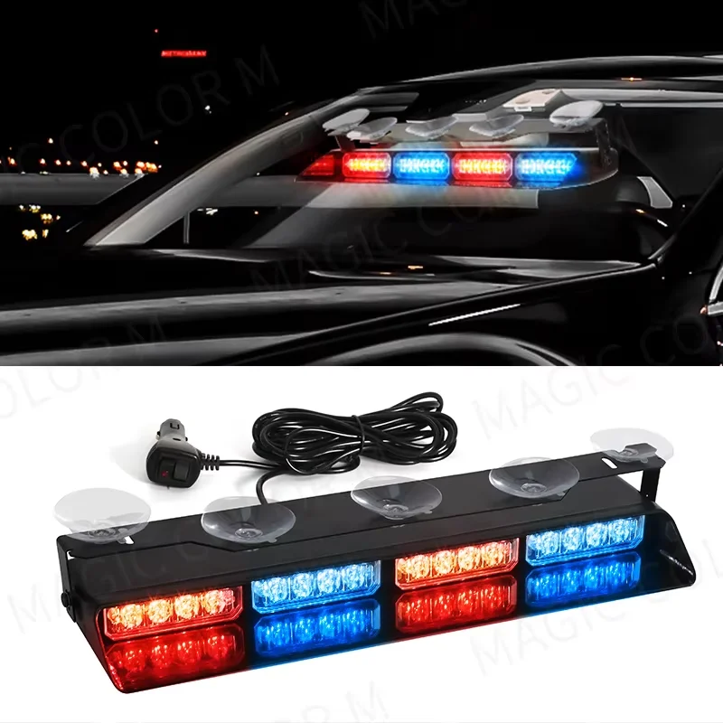 

16 LED Car Strobe Warning Light Assembly Front Windshield Emergency Lamp Yellow White Red Blue For Vehicles Trucks Waterproof