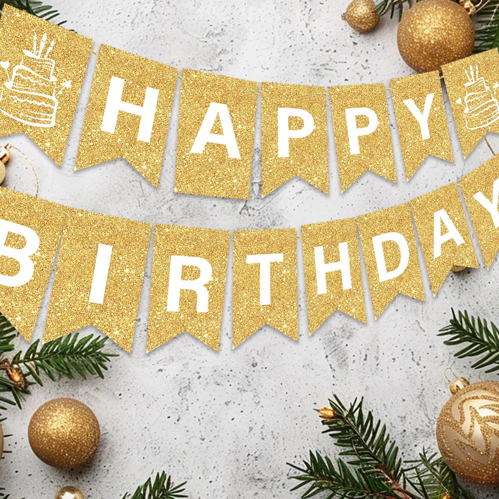 16pcs  golden light luxury Theme Birthday Banner Set, Party Decorations, Room Decoration, Holiday Celebrations, Includes Twine