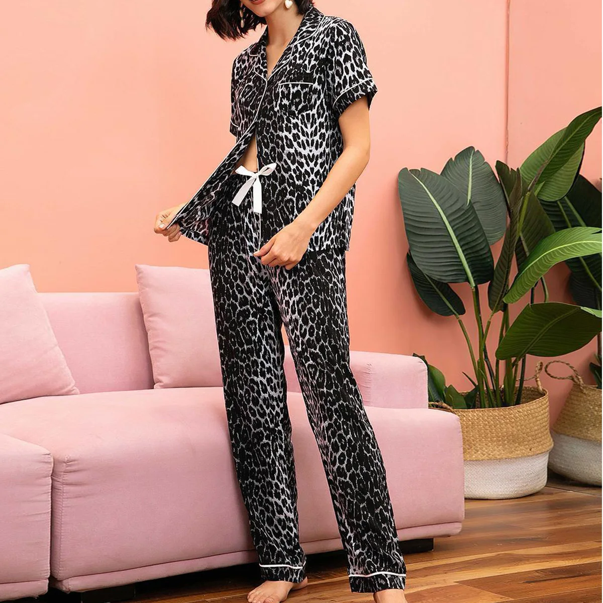 leopard print Pajama sets crop women mujer conjuntos pijamas conjunto pyjama pijama femme ensembles feminino sleepwear pyjamas