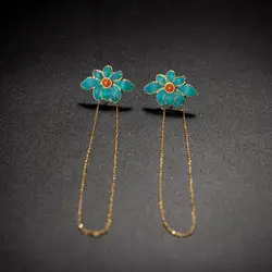 Original design drop glue enamel porcelain lotus fringed Earrings Chinese retro court style elegant charm women's silver jewelry