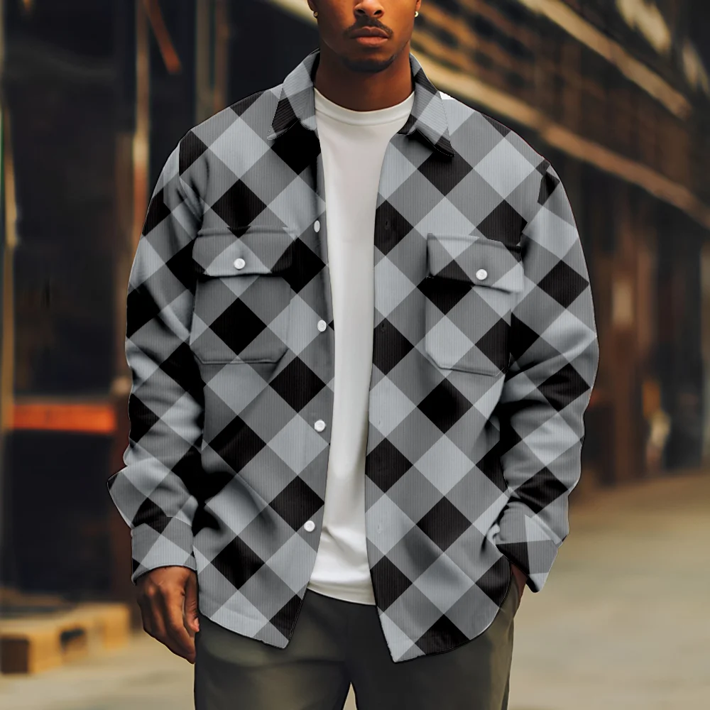 Cool Men's Jacket Black and grey patchwork print Long Sleeve Turn-down Collar Button Coat Casual Streetwear