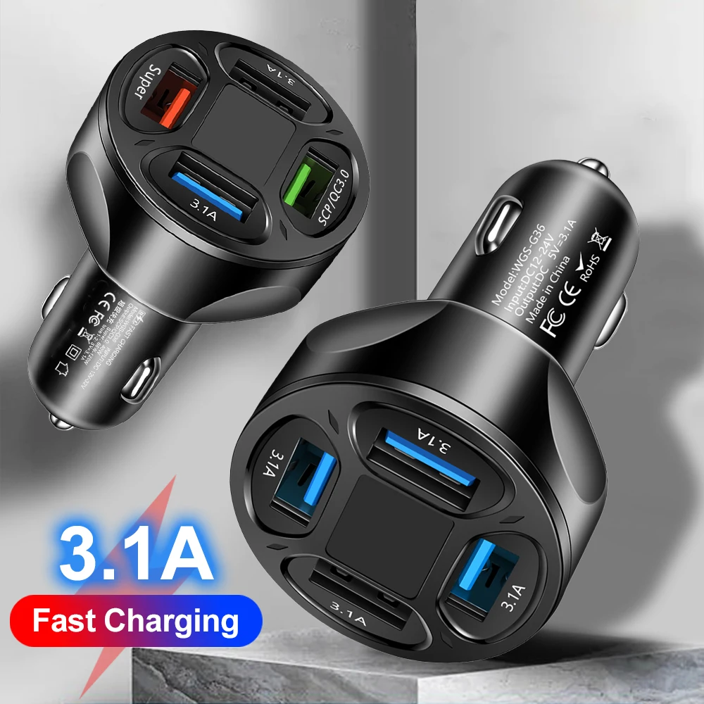 Autotelefon-Ladegerät, 4 Anschlüsse, USB-Schnellladung, Zigarettenanzünder-Adapter, Digitalanzeige, Telefon-Ladegeräte für iPhone, Xiaomi, Samsung