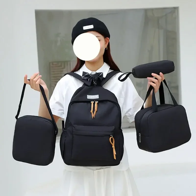 4pcs bagset High Quality Nylon Women Backpack Female Travel Bag Backpacks Schoolbag Teenage Girls Solid Color Women\'s Backpack