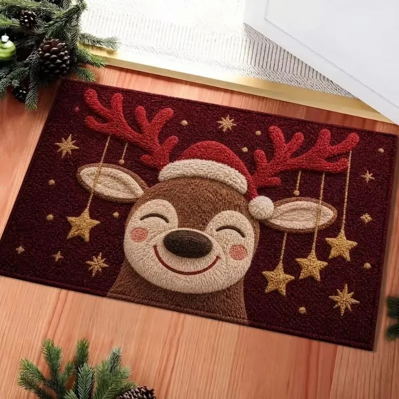 Cute Christmas Reindeer Doormat Wearing Santa Hat Green Leaf Print Floor Mat Holiday Home Entrance Decor Rug