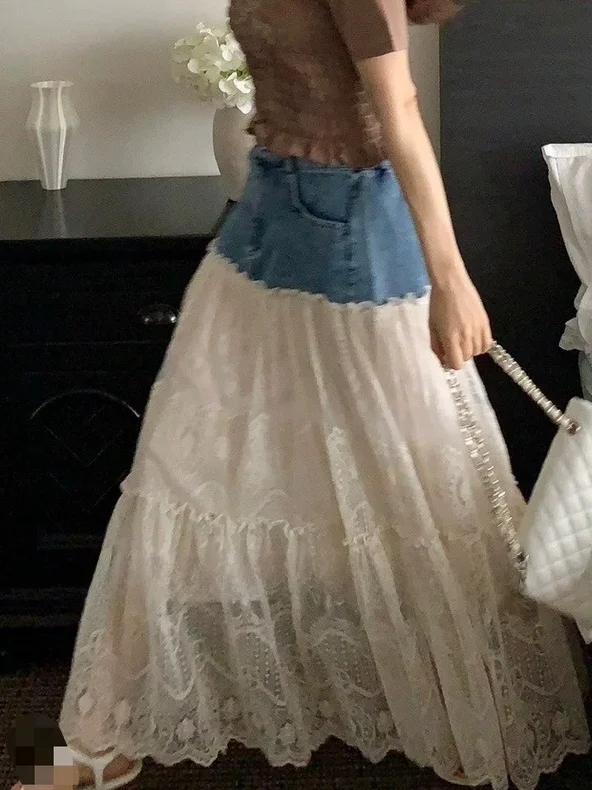 

High Waist A-Line Midi Skirt Lace Patchwork Denim Women's Summer Design Unique Long Skirt Commute Sle Loose Fit Pure Color