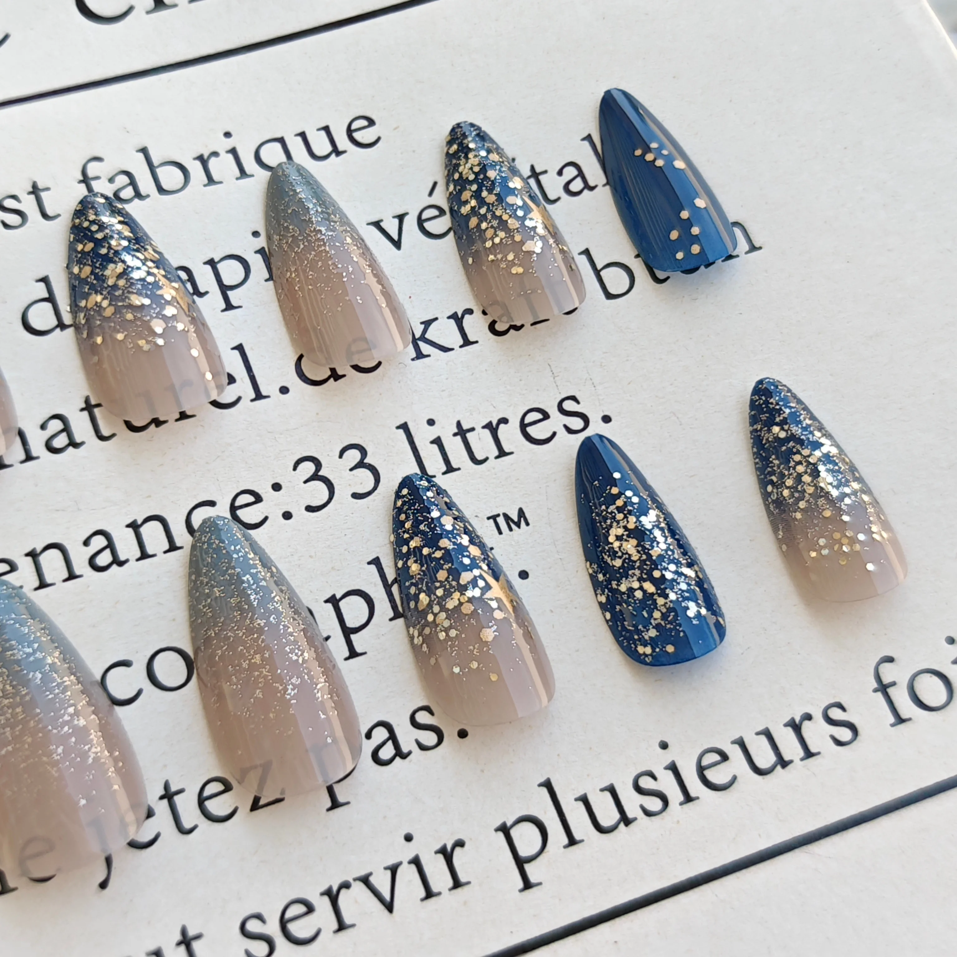 

24PCS Galactic Effect Celestial French Press-On Nails – Medium Almond Shape With Starry Glitter & Micro-Shimmer