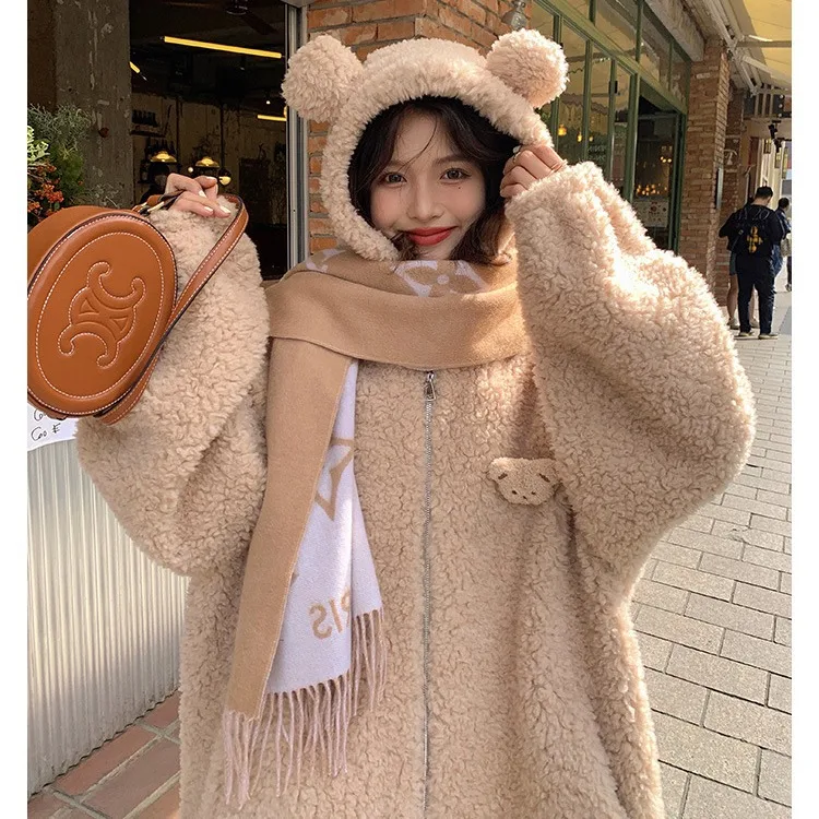 

Winter New Bear Ear Hoodie Imitation Lamb Wool Hoodie Korean Version Autumn Women's Loose And Slim Cute Plush Coat Jacket