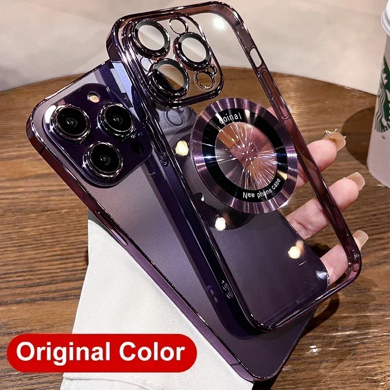 Caixa magnética magsafe para o iphone da maçã, carga sem fio, tampa transparente do telefone, chapeamento luxuoso, 15, 14 mais, 13, 12, 11 pro max