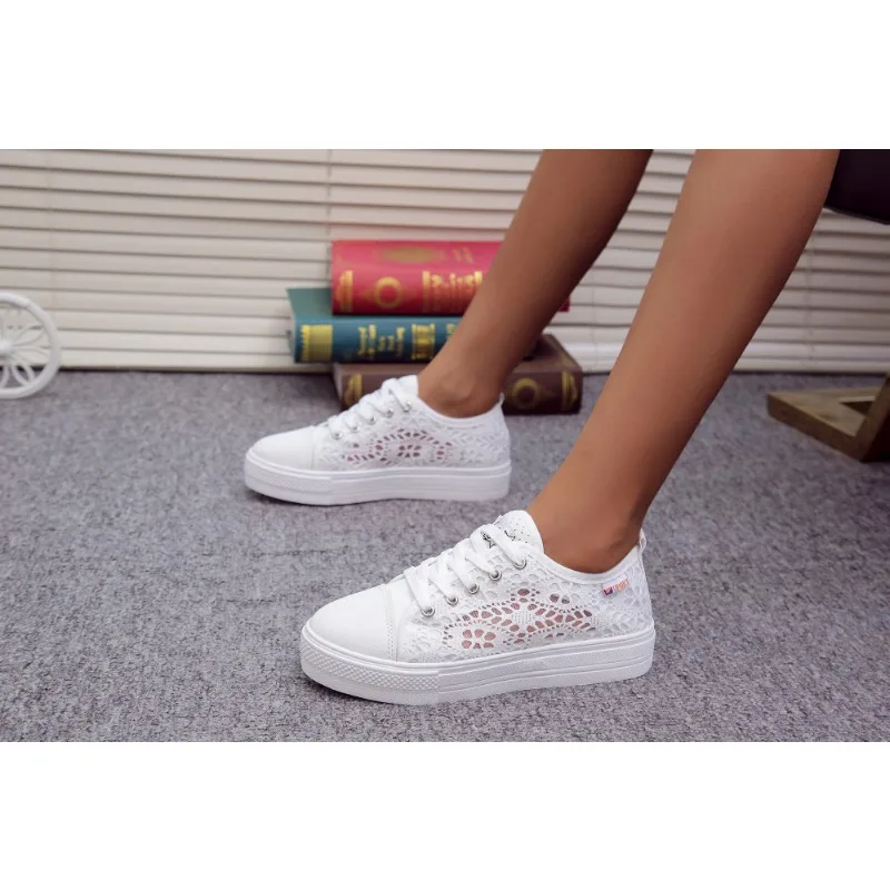 Women Shoes Spring Autumn Summer Fashion Casual White Cutouts Lace Canvas Hollow Breathable Platform Flat Sneakers Tennis Walk