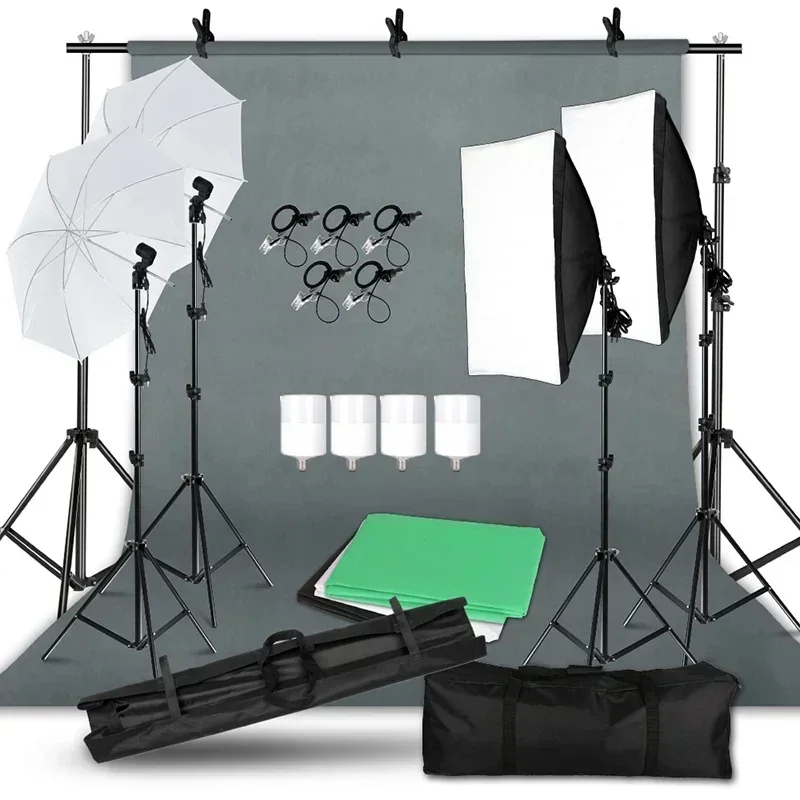 Fotografie Fotostudio Softbox Verlichtingsset Met Achtergrondframe 3 Stuks Achtergronden Statief Reflectorplaat 4 Parasols