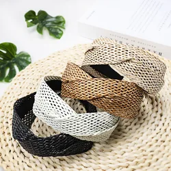 Bohemian Women Cross Knotted Straw Weaving Headband Girls Handmade Hair Hoop Beach Head Hoop Woven Wide-brimmed Hair Accessories