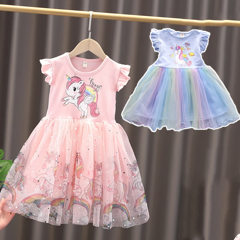 Girls Clothes 2025 New Summer Princess Dresses Flying Sleeve Kids Dress Rainbow Unicorn Party Baby Dresses for Children Clothing