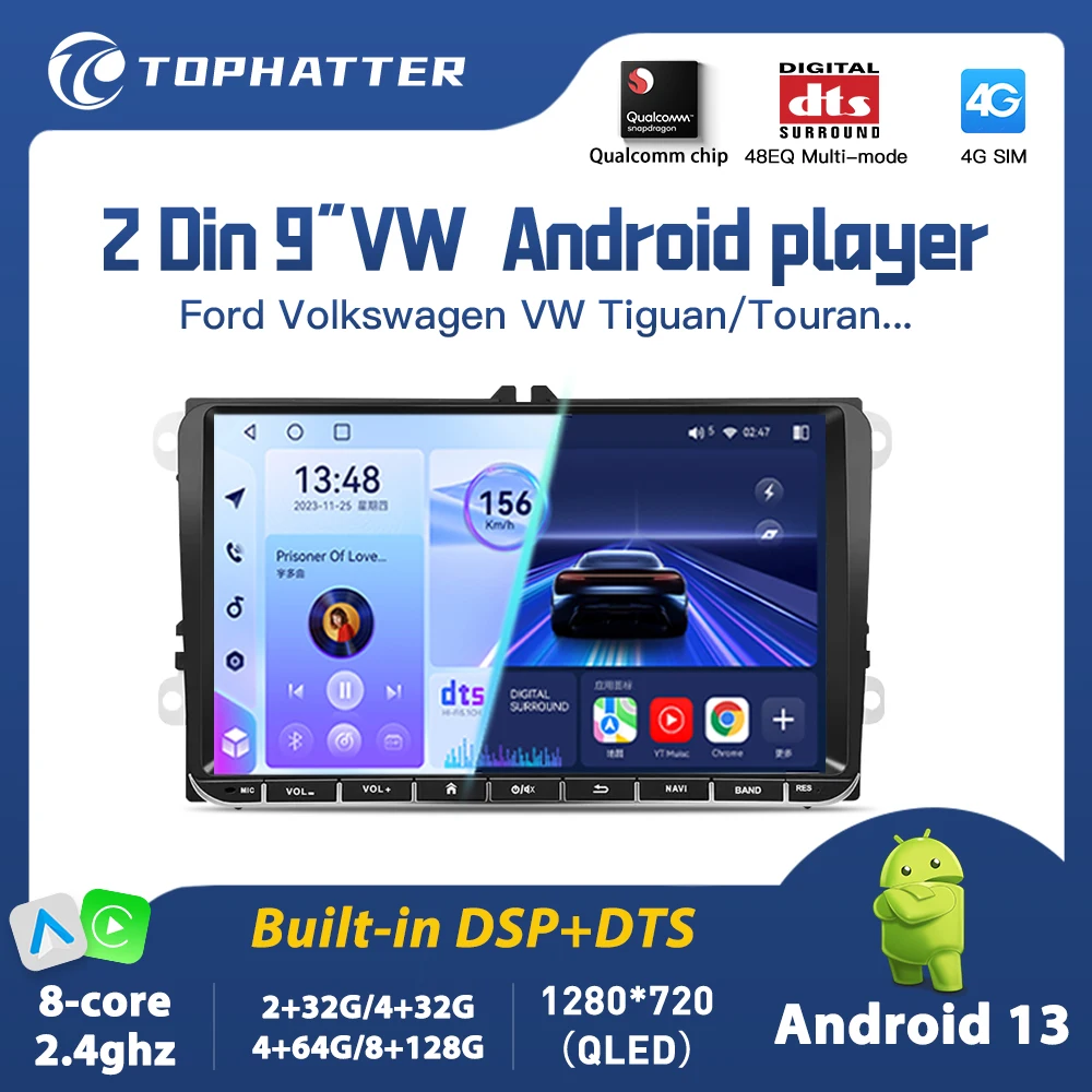 

Tophatter Android14 for VW Tiguan Volkswagen Polo Passat B7 B6 CC Qualcomm Radio Auto HD Navi Carplay 2Din Car Audio Player