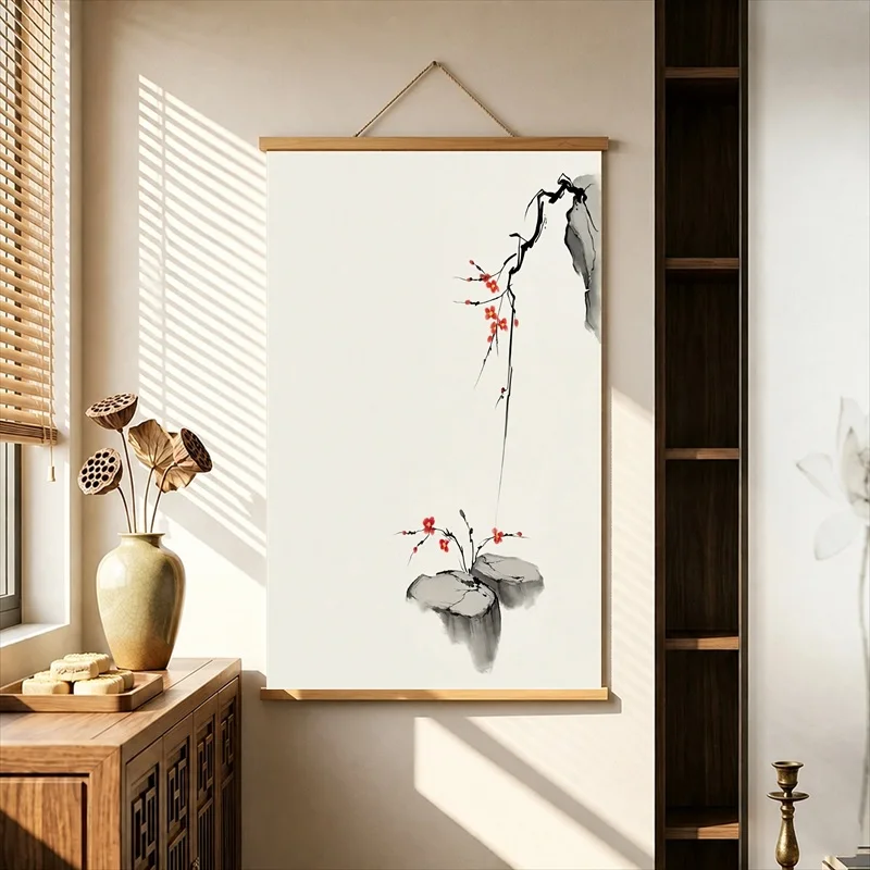 Wall Art Delicate Ink Flowers with Generous White Space, Zen Minimalism Pearlescent Canvas Wall Hanging Scroll for Tea House