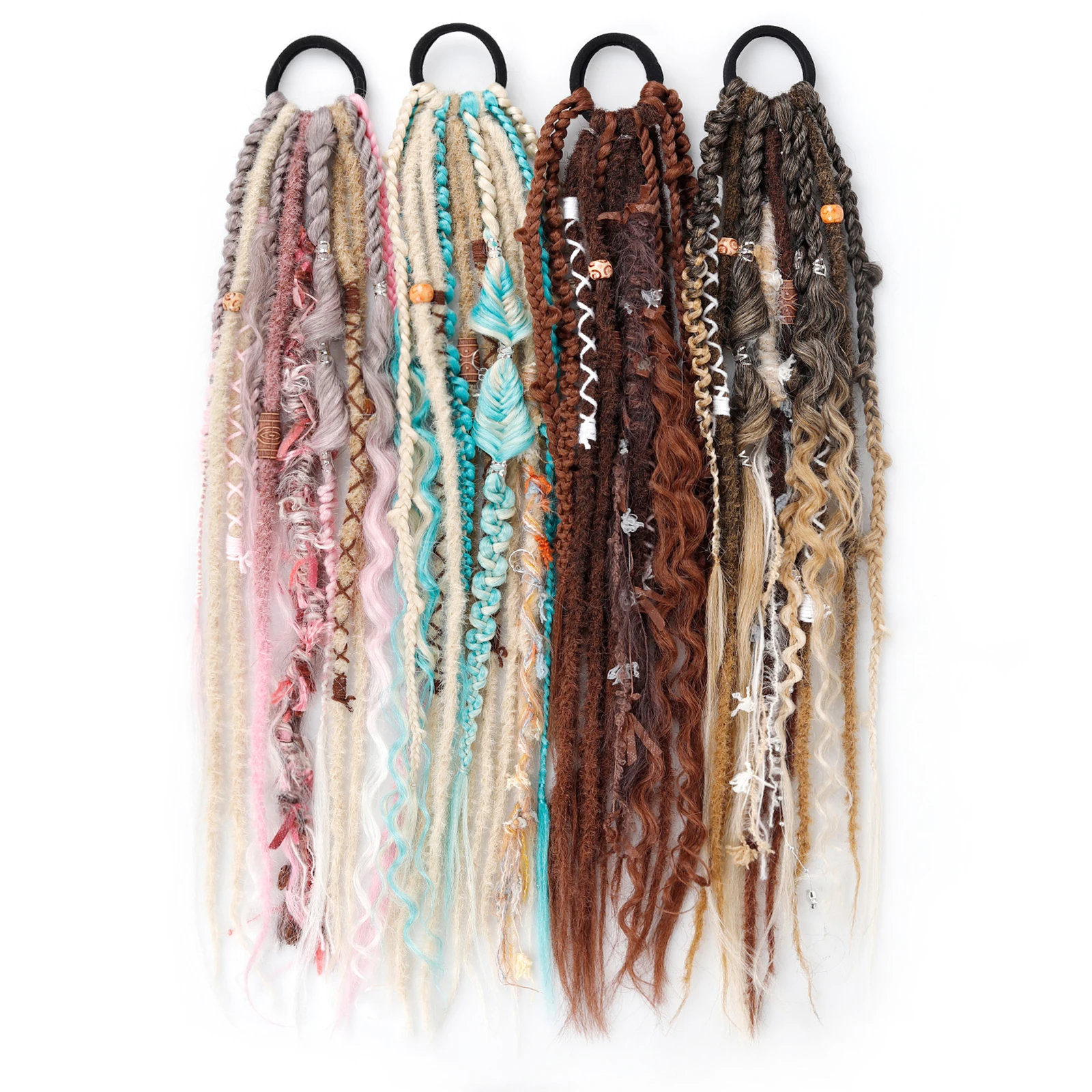 Women Boho Dreadlock Braided Ponytail Hair Extensions, Elastic Hair Tie Boxing Braid Synthetic Hair for Costume Photo Shoot