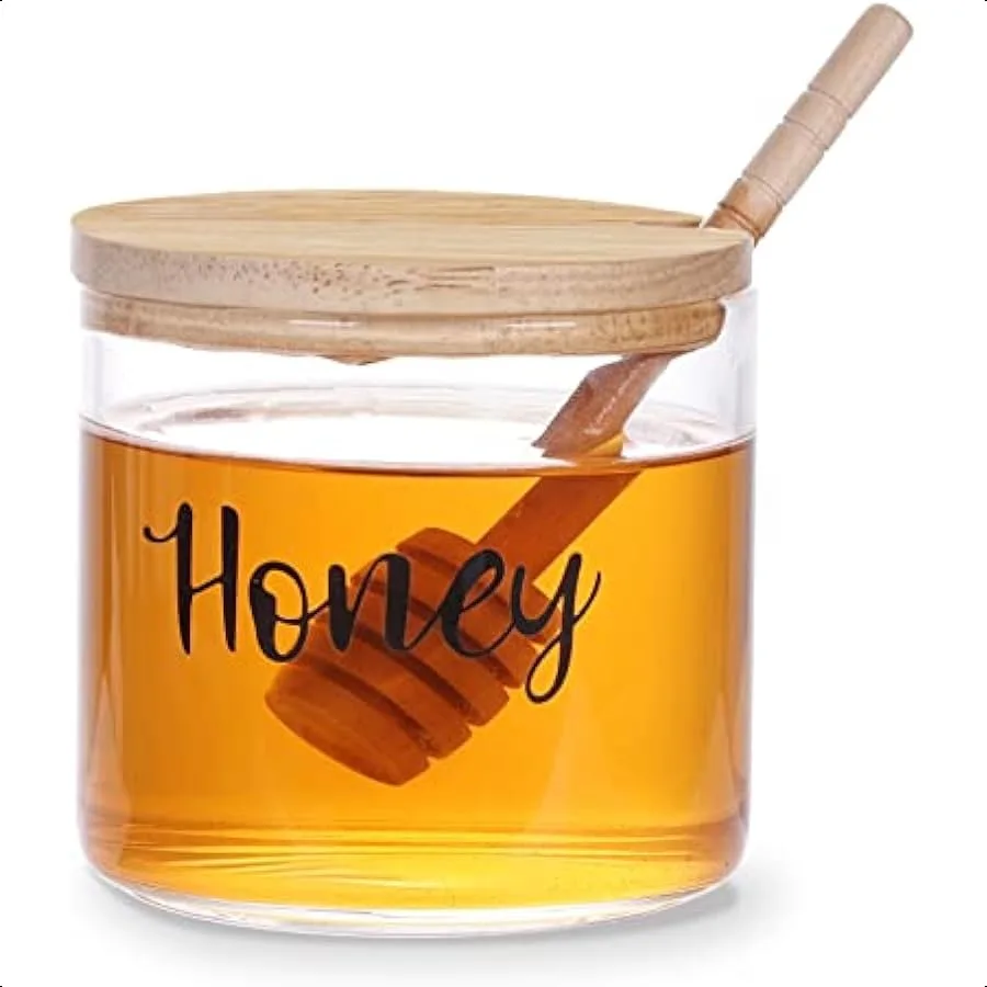 

Clear Small Glass Honey Jar with Dipper and Lid Farmhouse Honey Pot Kitchen Countertop Canisters Honey Container Jar Dispenser