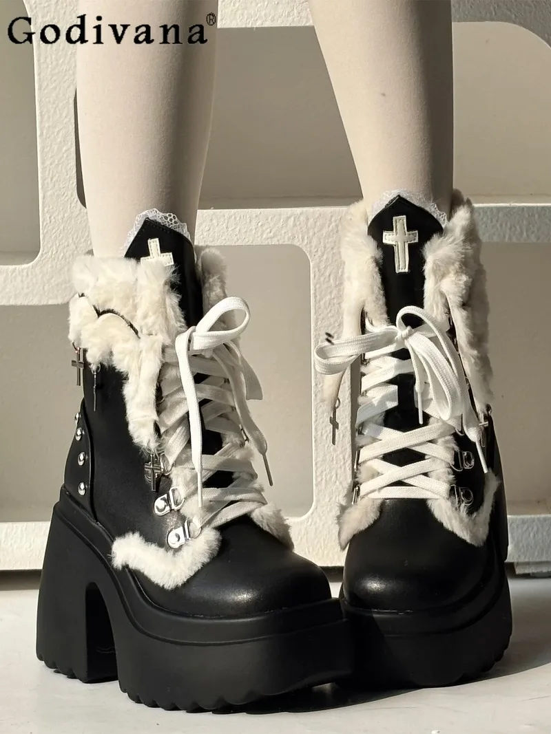 

Japanese Original Sweet Cool Girl Punk Style Round Toe Chunky Heel Thick Sole Short Boots Winter Fleece Lined Warm Lolita Boots