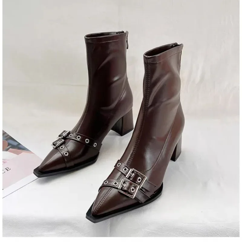 2024 Female Designer Buckle Footwear Women Ankle Stretch Boots Fashion Pointed Toe Ladies Short Booties With image 3