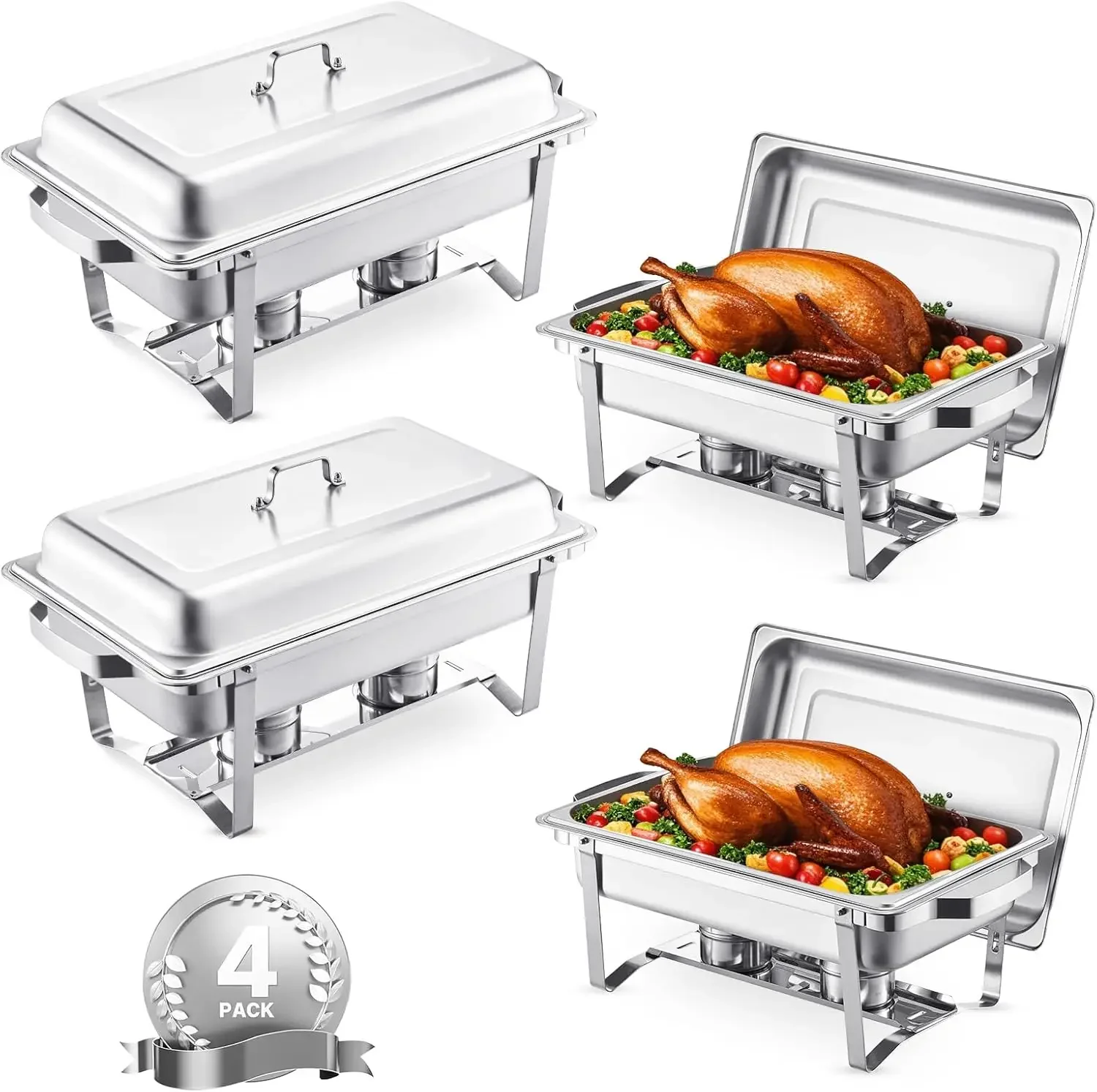 

Chafing Dish Buffet Set, 8 Qt 4 Pack, Stainless Steel Chafer with 4 Full Size Pans, Rectangle Catering Warmer Server with Lid
