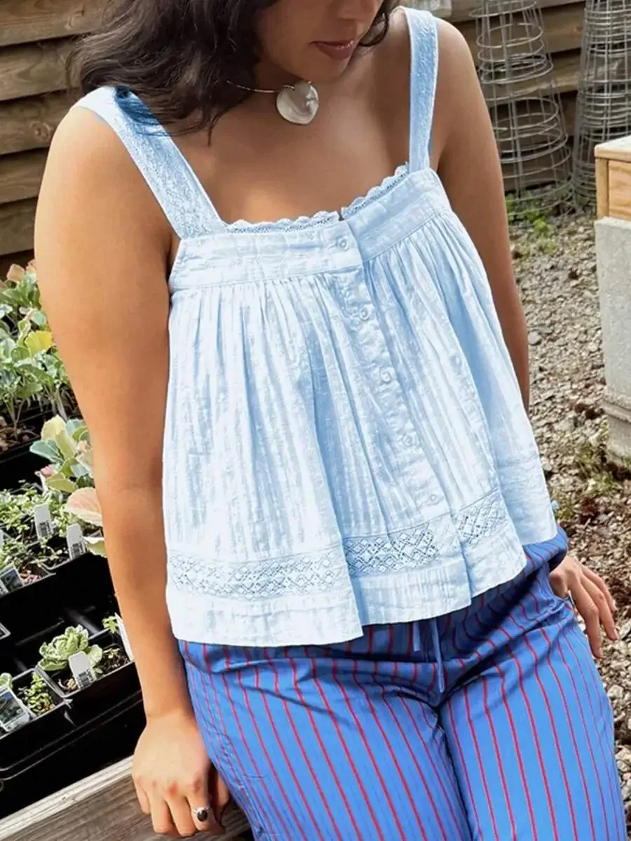 

Women Y2K Babydoll Cami Tank Top With Lace Trim Square Neck Button Front Loose Flowy Crop Top Summer Casual