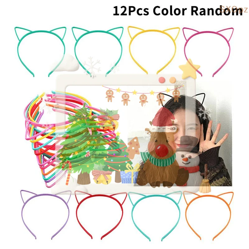 

Набор из 12 детских повязок на голову с кошачьими ушками, милые однотонные пластиковые ободки с зубчиками, аксессуары для детей, случайный цвет