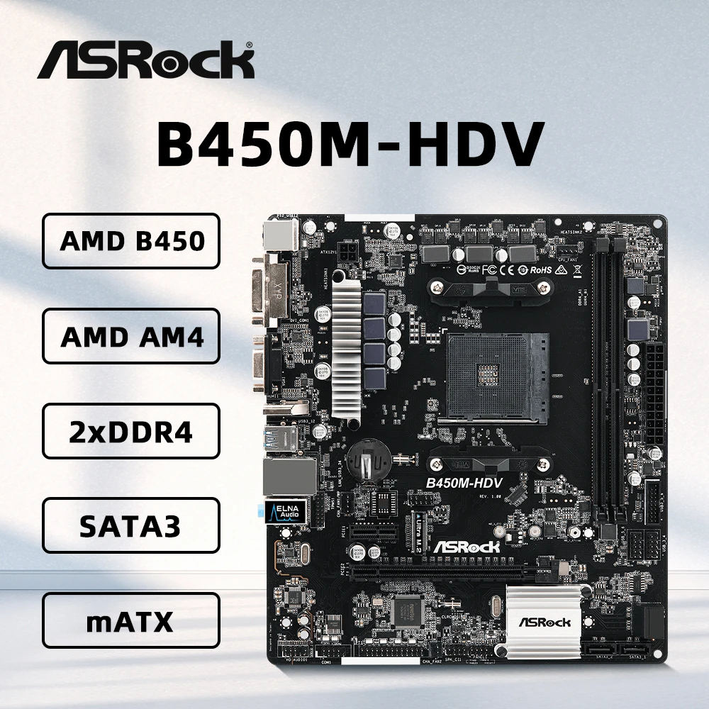 

ASRock B450M-HDV Motherboard Supports 2600X 3600X 5600G 5600X 5700X 5800X3D CPU 4xDDR4 3200MHz HDMI M.2 AMD AM4 mATX Mainboard